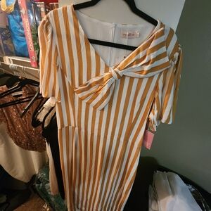 Ivy City Co Mustard and White Striped Midi Dress